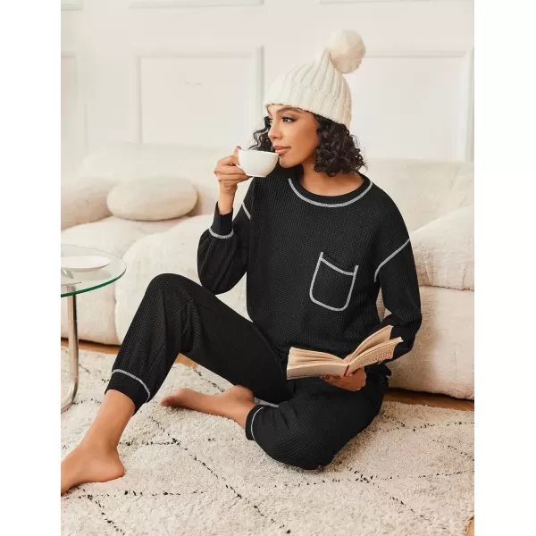 imageEkouaer Womens Pajamas Set Waffle Knit Long Sleeve Lounge Set 2 Piece Pj Loungewear Sleepwear SXXLBlack