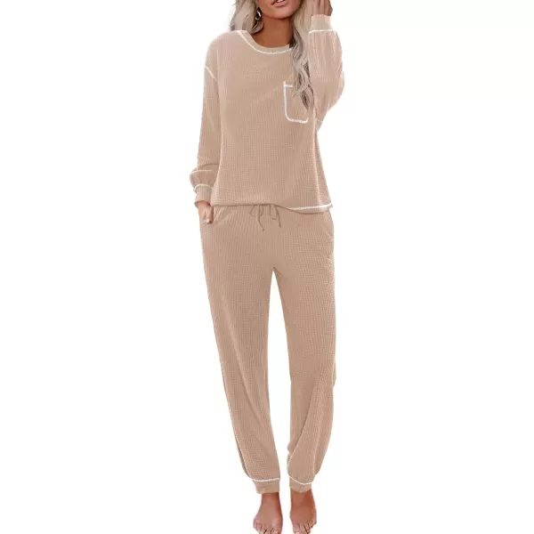 imageEkouaer Womens Pajamas Set Waffle Knit Long Sleeve Lounge Set 2 Piece Pj Loungewear Sleepwear SXXLChampagne