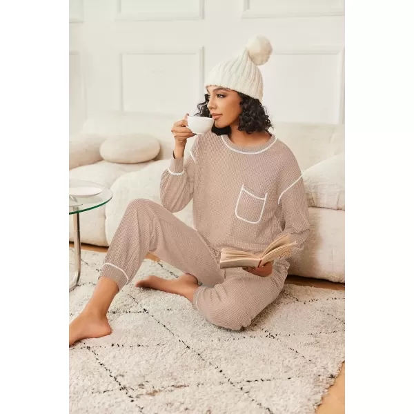 imageEkouaer Womens Pajamas Set Waffle Knit Long Sleeve Lounge Set 2 Piece Pj Loungewear Sleepwear SXXLChampagne