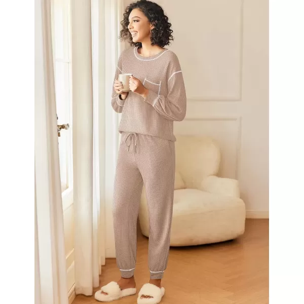 imageEkouaer Womens Pajamas Set Waffle Knit Long Sleeve Lounge Set 2 Piece Pj Loungewear Sleepwear SXXLChampagne