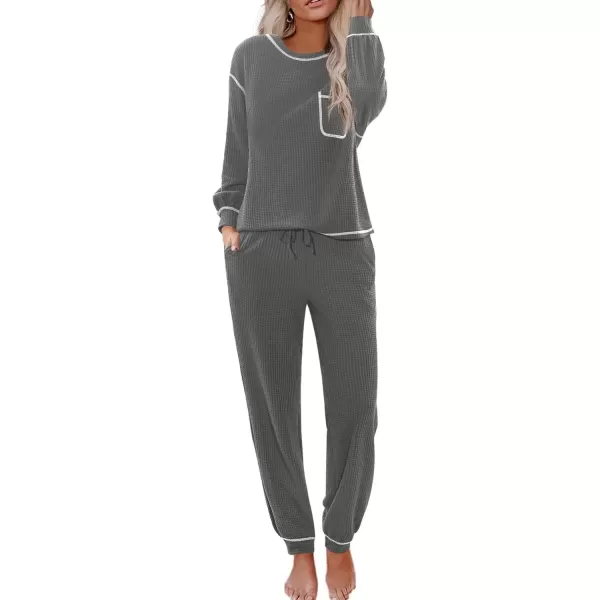 imageEkouaer Womens Pajamas Set Waffle Knit Long Sleeve Lounge Set 2 Piece Pj Loungewear Sleepwear SXXLDark Gray