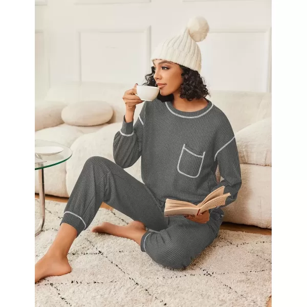 imageEkouaer Womens Pajamas Set Waffle Knit Long Sleeve Lounge Set 2 Piece Pj Loungewear Sleepwear SXXLDark Gray