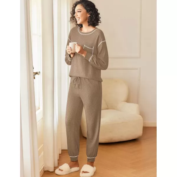 imageEkouaer Womens Pajamas Set Waffle Knit Long Sleeve Lounge Set 2 Piece Pj Loungewear Sleepwear SXXLKhaki