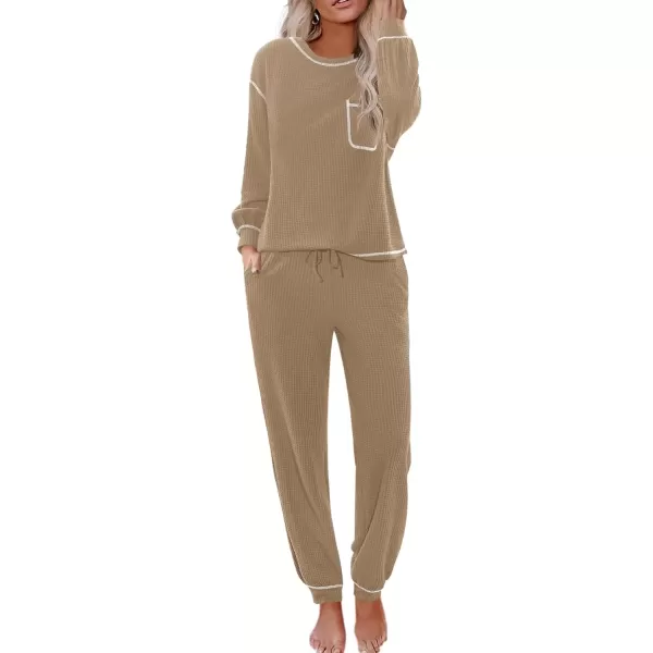 imageEkouaer Womens Pajamas Set Waffle Knit Long Sleeve Lounge Set 2 Piece Pj Loungewear Sleepwear SXXLKhaki