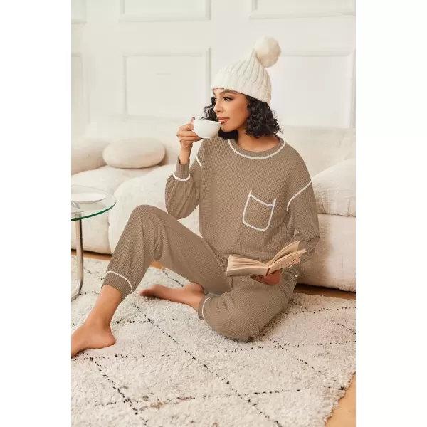 imageEkouaer Womens Pajamas Set Waffle Knit Long Sleeve Lounge Set 2 Piece Pj Loungewear Sleepwear SXXLKhaki