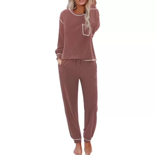 imageEkouaer Womens Pajamas Set Waffle Knit Long Sleeve Lounge Set 2 Piece Pj Loungewear Sleepwear SXXLLight Coral