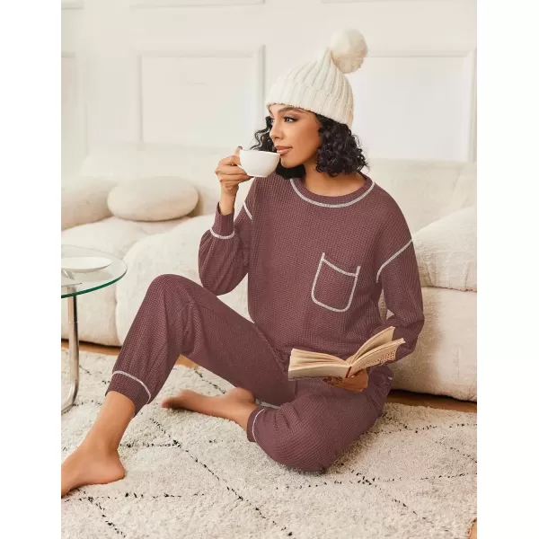 imageEkouaer Womens Pajamas Set Waffle Knit Long Sleeve Lounge Set 2 Piece Pj Loungewear Sleepwear SXXLLight Coral