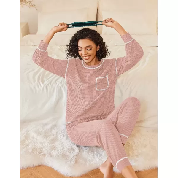 imageEkouaer Womens Pajamas Set Waffle Knit Long Sleeve Lounge Set 2 Piece Pj Loungewear Sleepwear SXXLLight Pink