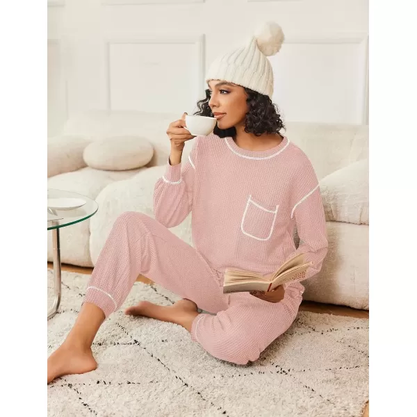 imageEkouaer Womens Pajamas Set Waffle Knit Long Sleeve Lounge Set 2 Piece Pj Loungewear Sleepwear SXXLLight Pink