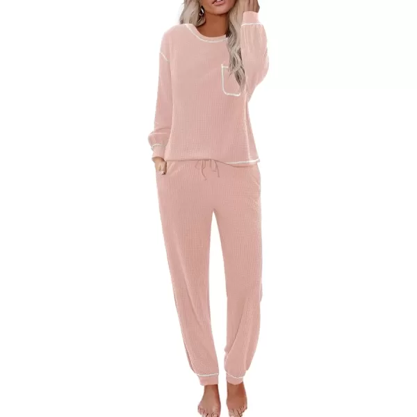 imageEkouaer Womens Pajamas Set Waffle Knit Long Sleeve Lounge Set 2 Piece Pj Loungewear Sleepwear SXXLLight Pink