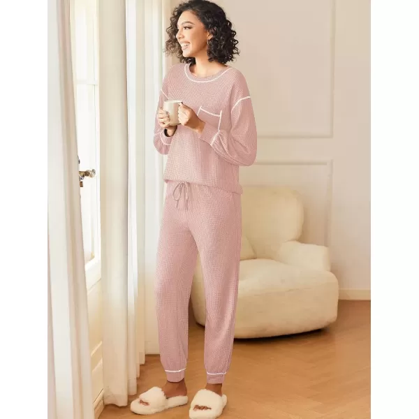 imageEkouaer Womens Pajamas Set Waffle Knit Long Sleeve Lounge Set 2 Piece Pj Loungewear Sleepwear SXXLLight Pink