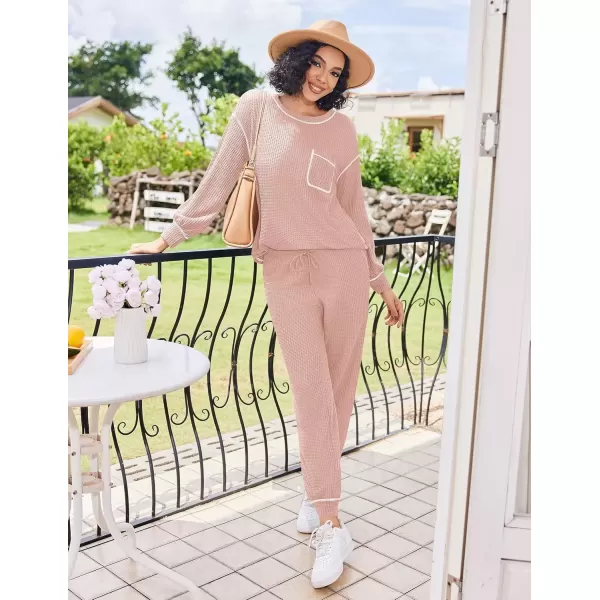 imageEkouaer Womens Pajamas Set Waffle Knit Long Sleeve Lounge Set 2 Piece Pj Loungewear Sleepwear SXXLLight Pink