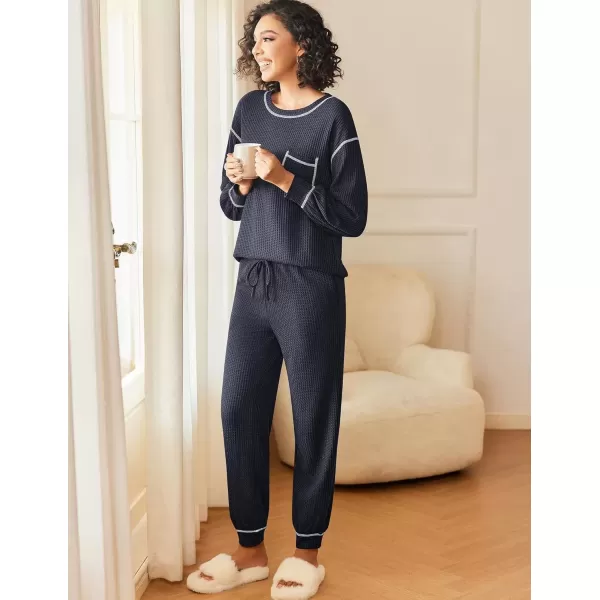 imageEkouaer Womens Pajamas Set Waffle Knit Long Sleeve Lounge Set 2 Piece Pj Loungewear Sleepwear SXXLNavy Blue