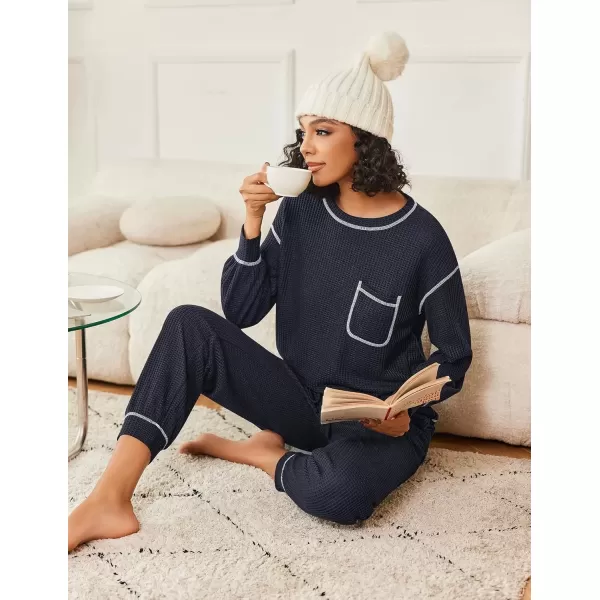 imageEkouaer Womens Pajamas Set Waffle Knit Long Sleeve Lounge Set 2 Piece Pj Loungewear Sleepwear SXXLNavy Blue