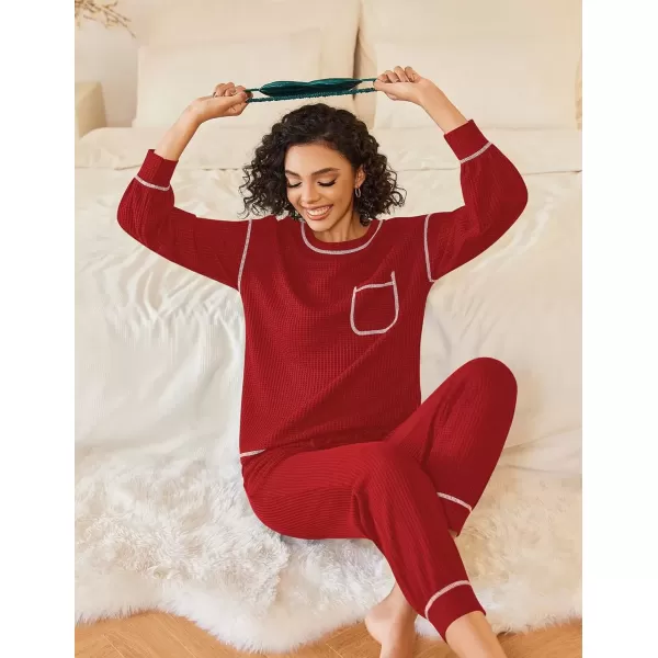 imageEkouaer Womens Pajamas Set Waffle Knit Long Sleeve Lounge Set 2 Piece Pj Loungewear Sleepwear SXXLRed