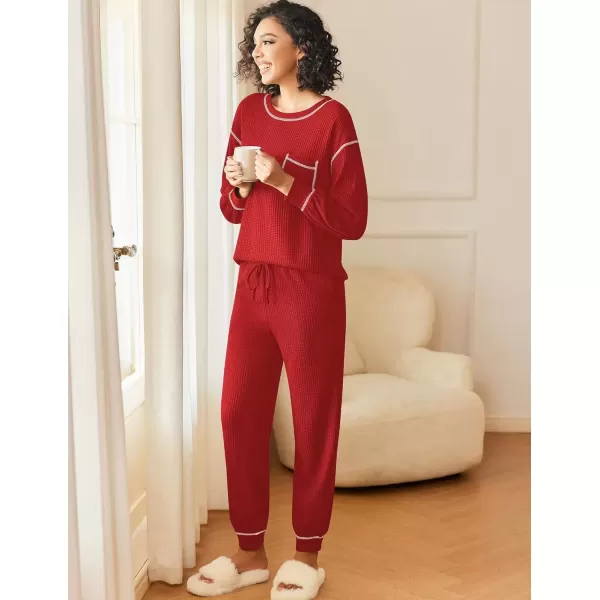 imageEkouaer Womens Pajamas Set Waffle Knit Long Sleeve Lounge Set 2 Piece Pj Loungewear Sleepwear SXXLRed