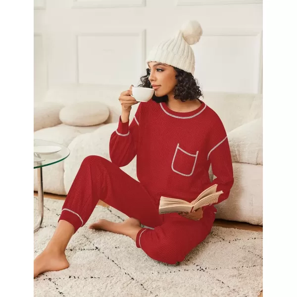 imageEkouaer Womens Pajamas Set Waffle Knit Long Sleeve Lounge Set 2 Piece Pj Loungewear Sleepwear SXXLRed