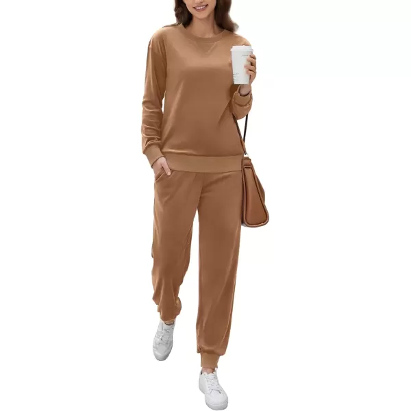 imageEkouaer Womens Pajamas Sets Velvet Long Sleeve Jogger Pjs Soft Sleepwear 2 Piece Lounge Sets Casual TracksuitsKhaki