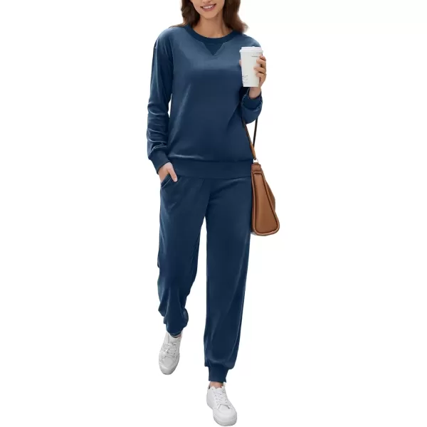 imageEkouaer Womens Pajamas Sets Velvet Long Sleeve Jogger Pjs Soft Sleepwear 2 Piece Lounge Sets Casual TracksuitsNavy Blue