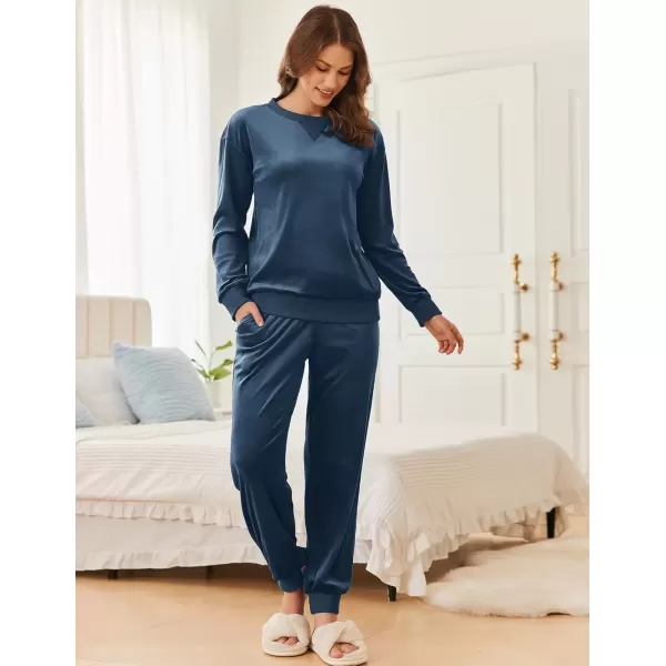 imageEkouaer Womens Pajamas Sets Velvet Long Sleeve Jogger Pjs Soft Sleepwear 2 Piece Lounge Sets Casual TracksuitsNavy Blue