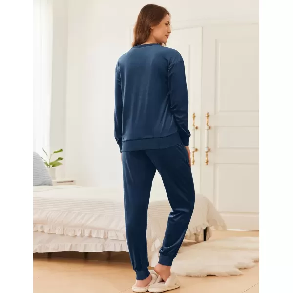 imageEkouaer Womens Pajamas Sets Velvet Long Sleeve Jogger Pjs Soft Sleepwear 2 Piece Lounge Sets Casual TracksuitsNavy Blue