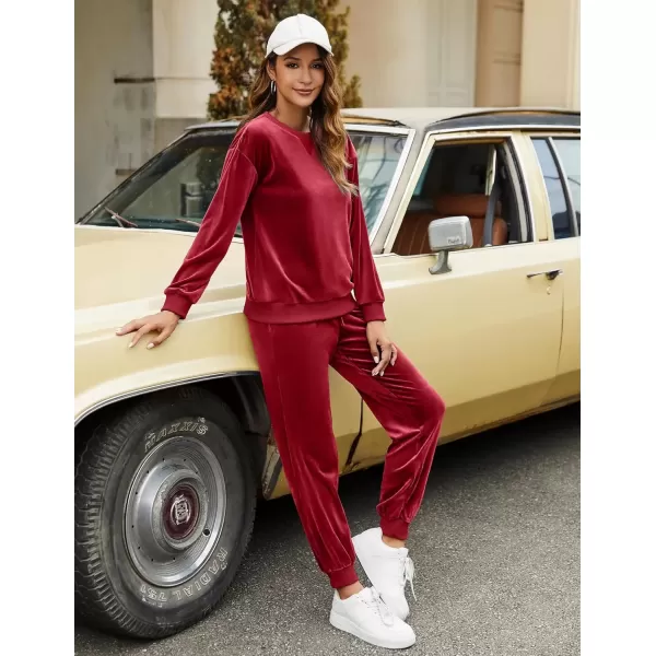 imageEkouaer Womens Pajamas Sets Velvet Long Sleeve Jogger Pjs Soft Sleepwear 2 Piece Lounge Sets Casual TracksuitsWine Red