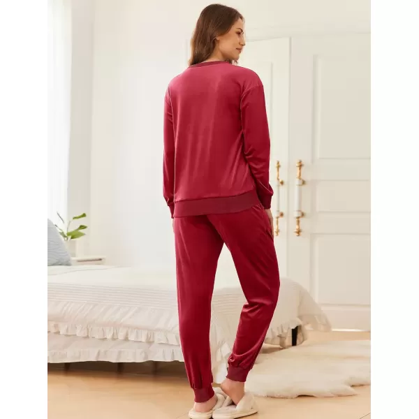 imageEkouaer Womens Pajamas Sets Velvet Long Sleeve Jogger Pjs Soft Sleepwear 2 Piece Lounge Sets Casual TracksuitsWine Red