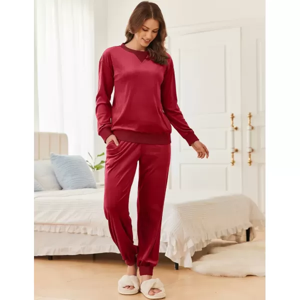 imageEkouaer Womens Pajamas Sets Velvet Long Sleeve Jogger Pjs Soft Sleepwear 2 Piece Lounge Sets Casual TracksuitsWine Red