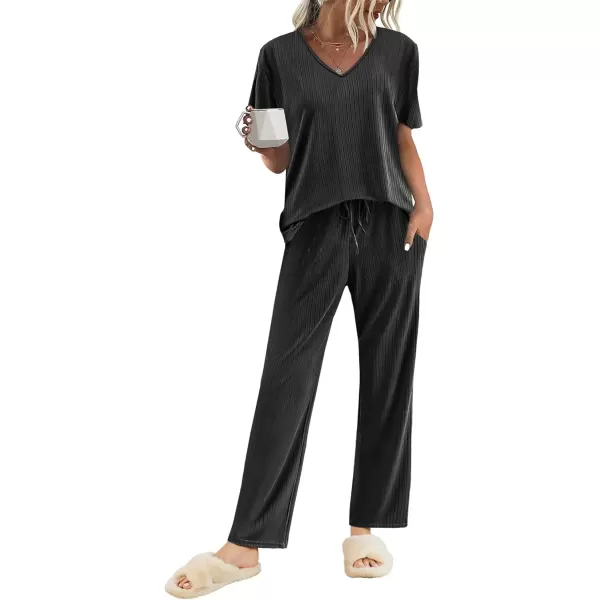 imageEkouaer Womens Ribbed Knit Lounge Set Short Sleeve Top and Long Pants Sleepwear Pajama Set Two Piece Matching Outfits SetBlack