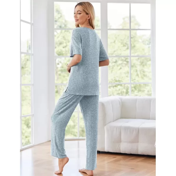 imageEkouaer Womens Ribbed Knit Lounge Set Short Sleeve Top and Long Pants Sleepwear Pajama Set Two Piece Matching Outfits SetBlue