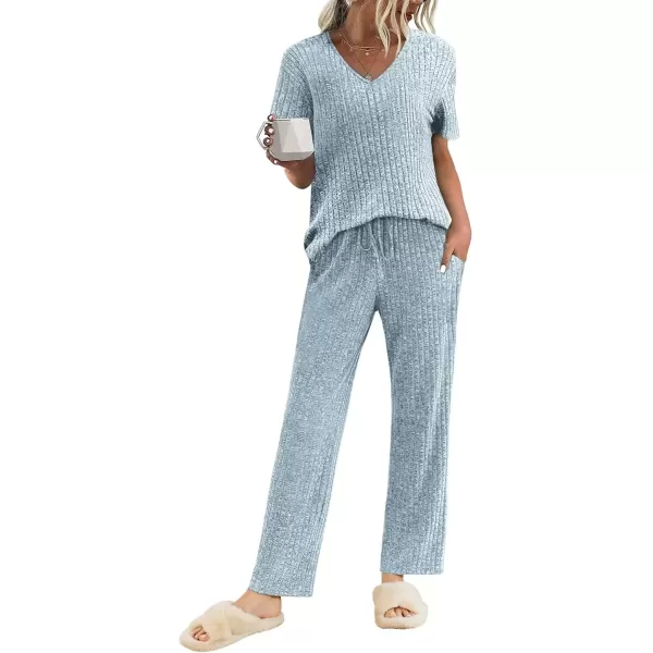 imageEkouaer Womens Ribbed Knit Lounge Set Short Sleeve Top and Long Pants Sleepwear Pajama Set Two Piece Matching Outfits SetBlue