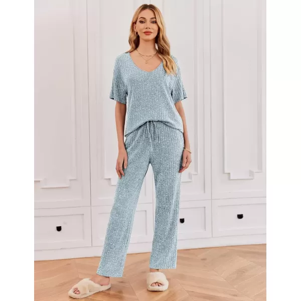 imageEkouaer Womens Ribbed Knit Lounge Set Short Sleeve Top and Long Pants Sleepwear Pajama Set Two Piece Matching Outfits SetBlue