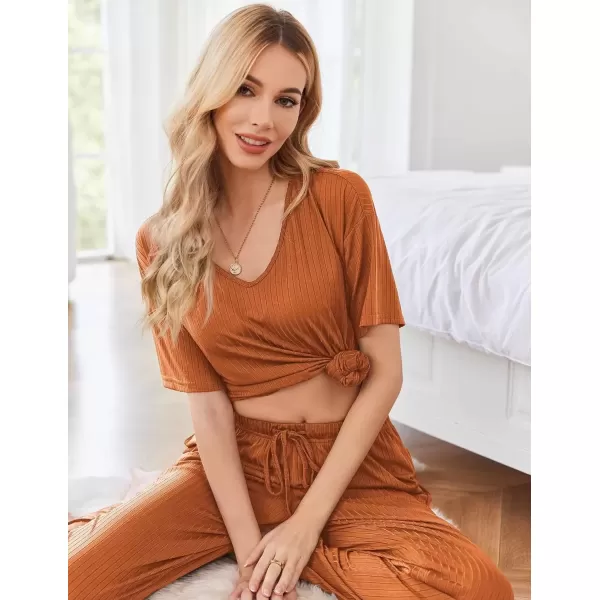 imageEkouaer Womens Ribbed Knit Lounge Set Short Sleeve Top and Long Pants Sleepwear Pajama Set Two Piece Matching Outfits SetCaramel