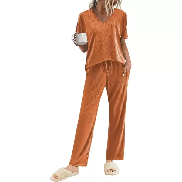 imageEkouaer Womens Ribbed Knit Lounge Set Short Sleeve Top and Long Pants Sleepwear Pajama Set Two Piece Matching Outfits SetCaramel