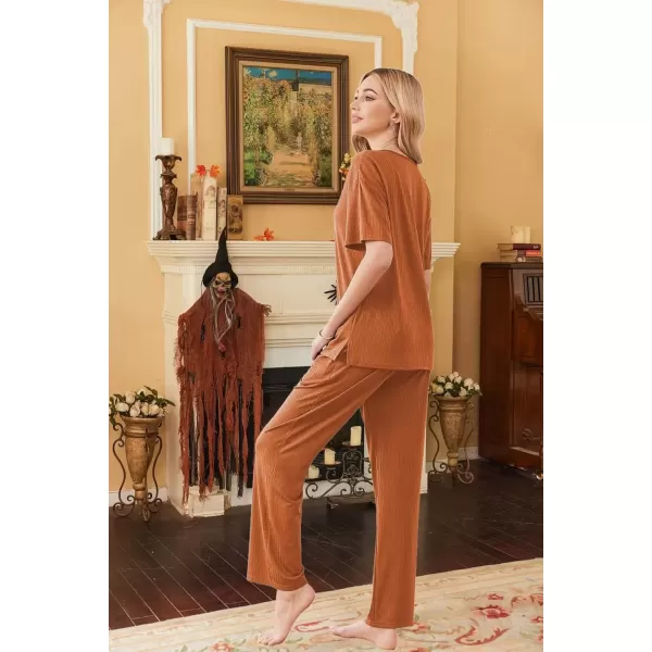 imageEkouaer Womens Ribbed Knit Lounge Set Short Sleeve Top and Long Pants Sleepwear Pajama Set Two Piece Matching Outfits SetCaramel