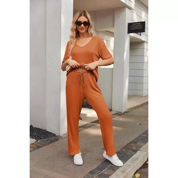 imageEkouaer Womens Ribbed Knit Lounge Set Short Sleeve Top and Long Pants Sleepwear Pajama Set Two Piece Matching Outfits SetCaramel