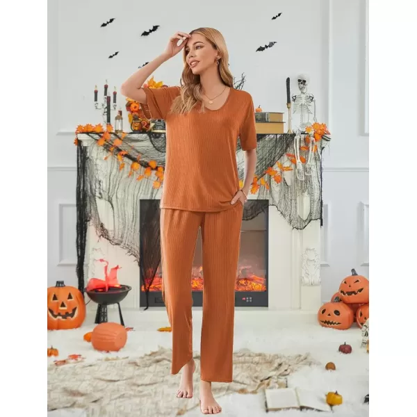 imageEkouaer Womens Ribbed Knit Lounge Set Short Sleeve Top and Long Pants Sleepwear Pajama Set Two Piece Matching Outfits SetCaramel
