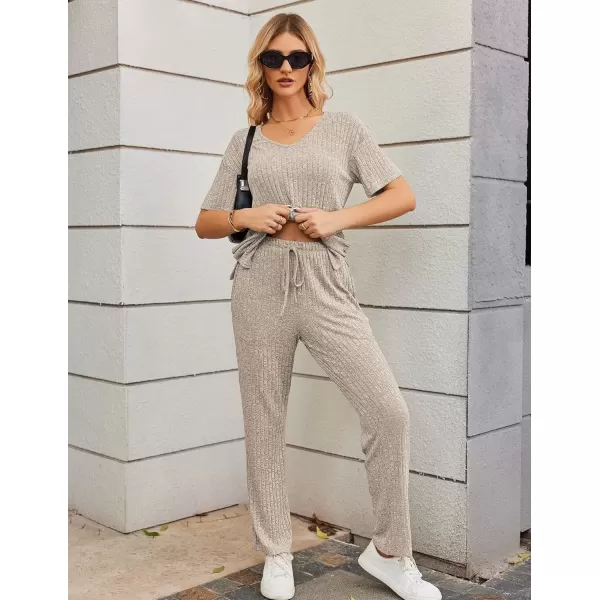 imageEkouaer Womens Ribbed Knit Lounge Set Short Sleeve Top and Long Pants Sleepwear Pajama Set Two Piece Matching Outfits SetChampagne