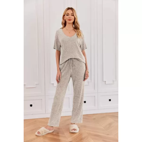 imageEkouaer Womens Ribbed Knit Lounge Set Short Sleeve Top and Long Pants Sleepwear Pajama Set Two Piece Matching Outfits SetChampagne