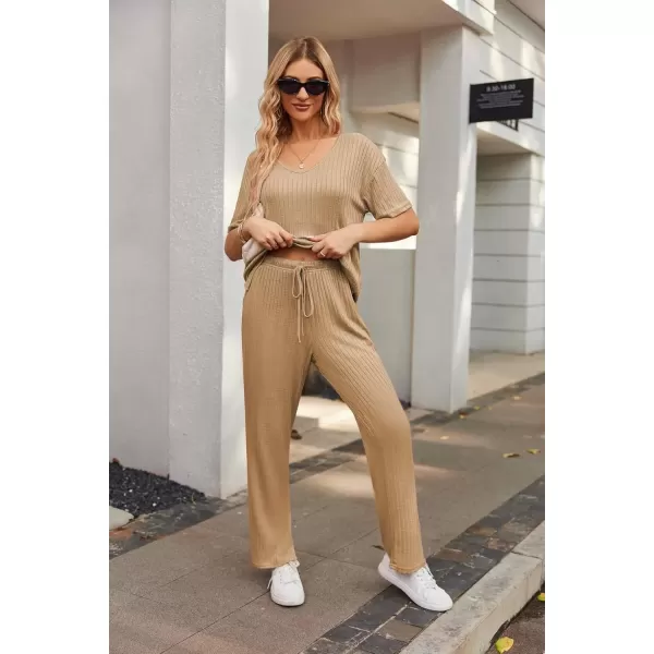 imageEkouaer Womens Ribbed Knit Lounge Set Short Sleeve Top and Long Pants Sleepwear Pajama Set Two Piece Matching Outfits SetCoffee