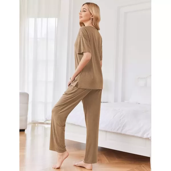 imageEkouaer Womens Ribbed Knit Lounge Set Short Sleeve Top and Long Pants Sleepwear Pajama Set Two Piece Matching Outfits SetCoffee