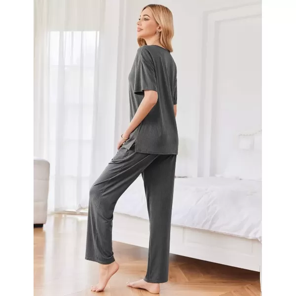 imageEkouaer Womens Ribbed Knit Lounge Set Short Sleeve Top and Long Pants Sleepwear Pajama Set Two Piece Matching Outfits SetDark Gray