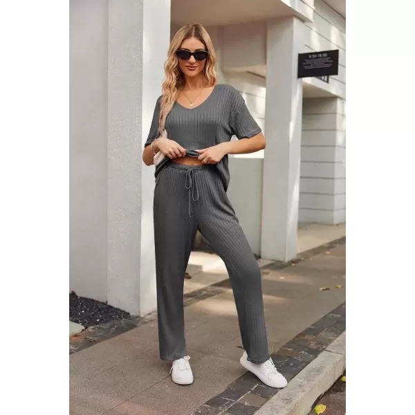 imageEkouaer Womens Ribbed Knit Lounge Set Short Sleeve Top and Long Pants Sleepwear Pajama Set Two Piece Matching Outfits SetDark Gray