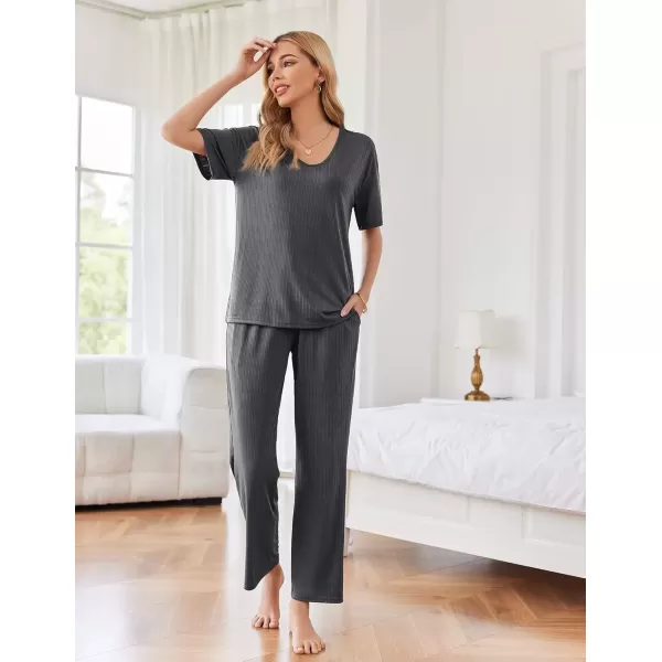 imageEkouaer Womens Ribbed Knit Lounge Set Short Sleeve Top and Long Pants Sleepwear Pajama Set Two Piece Matching Outfits SetDark Gray