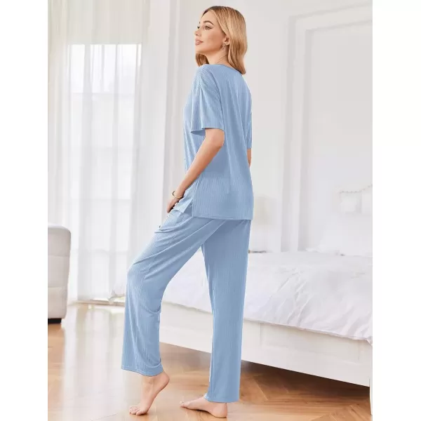 imageEkouaer Womens Ribbed Knit Lounge Set Short Sleeve Top and Long Pants Sleepwear Pajama Set Two Piece Matching Outfits SetLight Blue