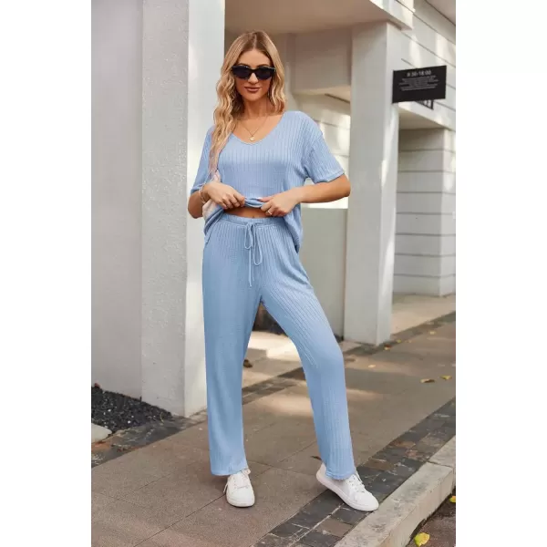 imageEkouaer Womens Ribbed Knit Lounge Set Short Sleeve Top and Long Pants Sleepwear Pajama Set Two Piece Matching Outfits SetLight Blue
