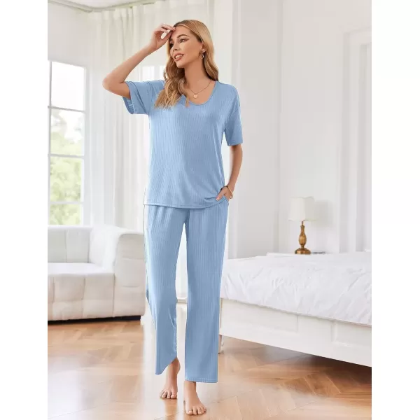 imageEkouaer Womens Ribbed Knit Lounge Set Short Sleeve Top and Long Pants Sleepwear Pajama Set Two Piece Matching Outfits SetLight Blue