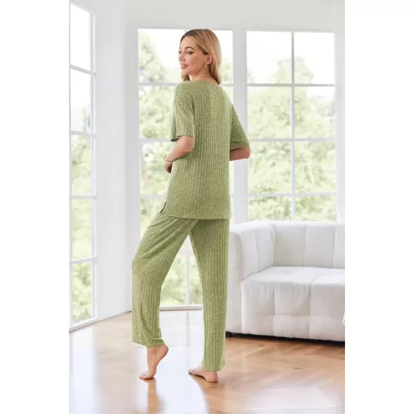 imageEkouaer Womens Ribbed Knit Lounge Set Short Sleeve Top and Long Pants Sleepwear Pajama Set Two Piece Matching Outfits SetMoss Green