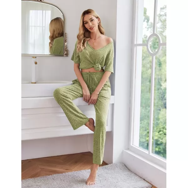 imageEkouaer Womens Ribbed Knit Lounge Set Short Sleeve Top and Long Pants Sleepwear Pajama Set Two Piece Matching Outfits SetMoss Green