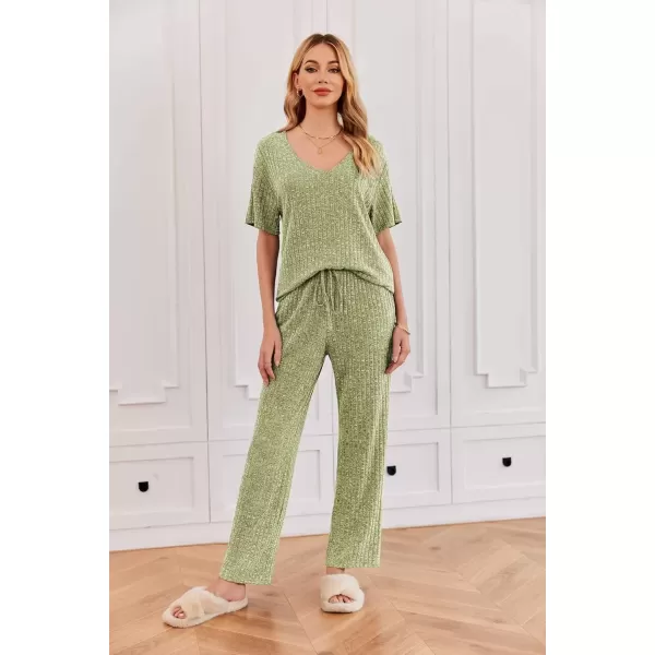 imageEkouaer Womens Ribbed Knit Lounge Set Short Sleeve Top and Long Pants Sleepwear Pajama Set Two Piece Matching Outfits SetMoss Green